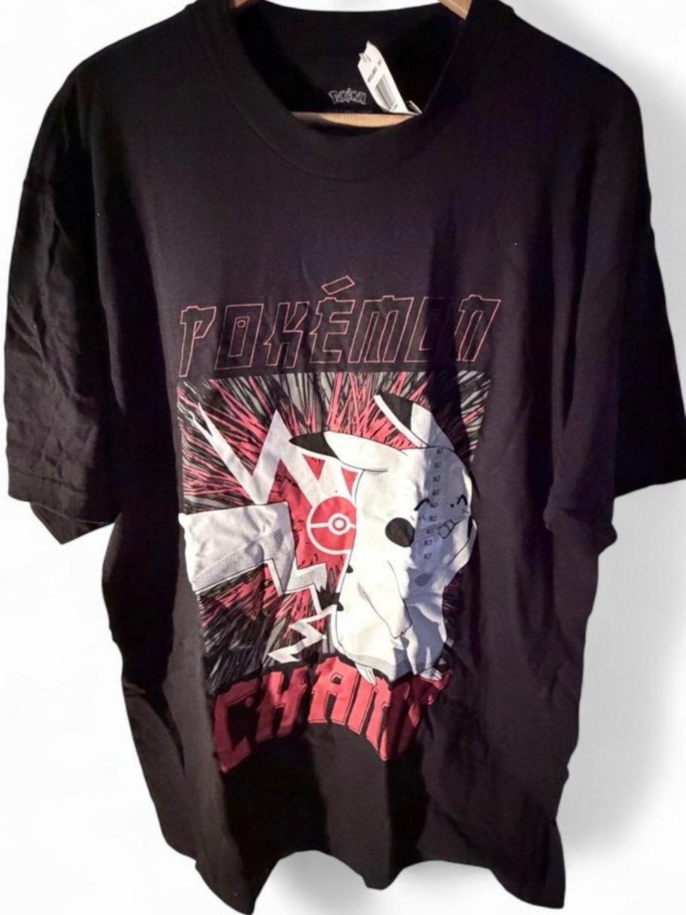 Black Pokemon Champ cotton t-shirt with white Pikachu graphic size XL Tall